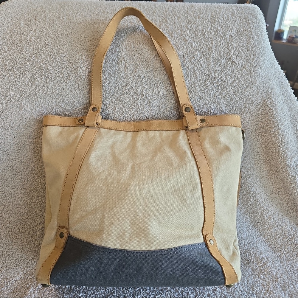 Le Papillon Upcycled Canvas And Leather Shoulder Bag Purse Tote French Detail - Picture 4 of 14